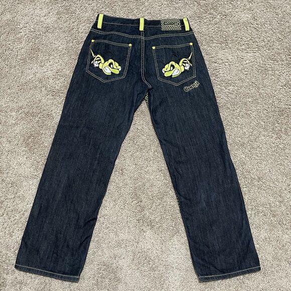 Coogi Jeans Mens 34x33 Dark Wash Baggy Embroidered Yellow Hornet Bee Y2K Hip Hop - Picture 1 of 15
